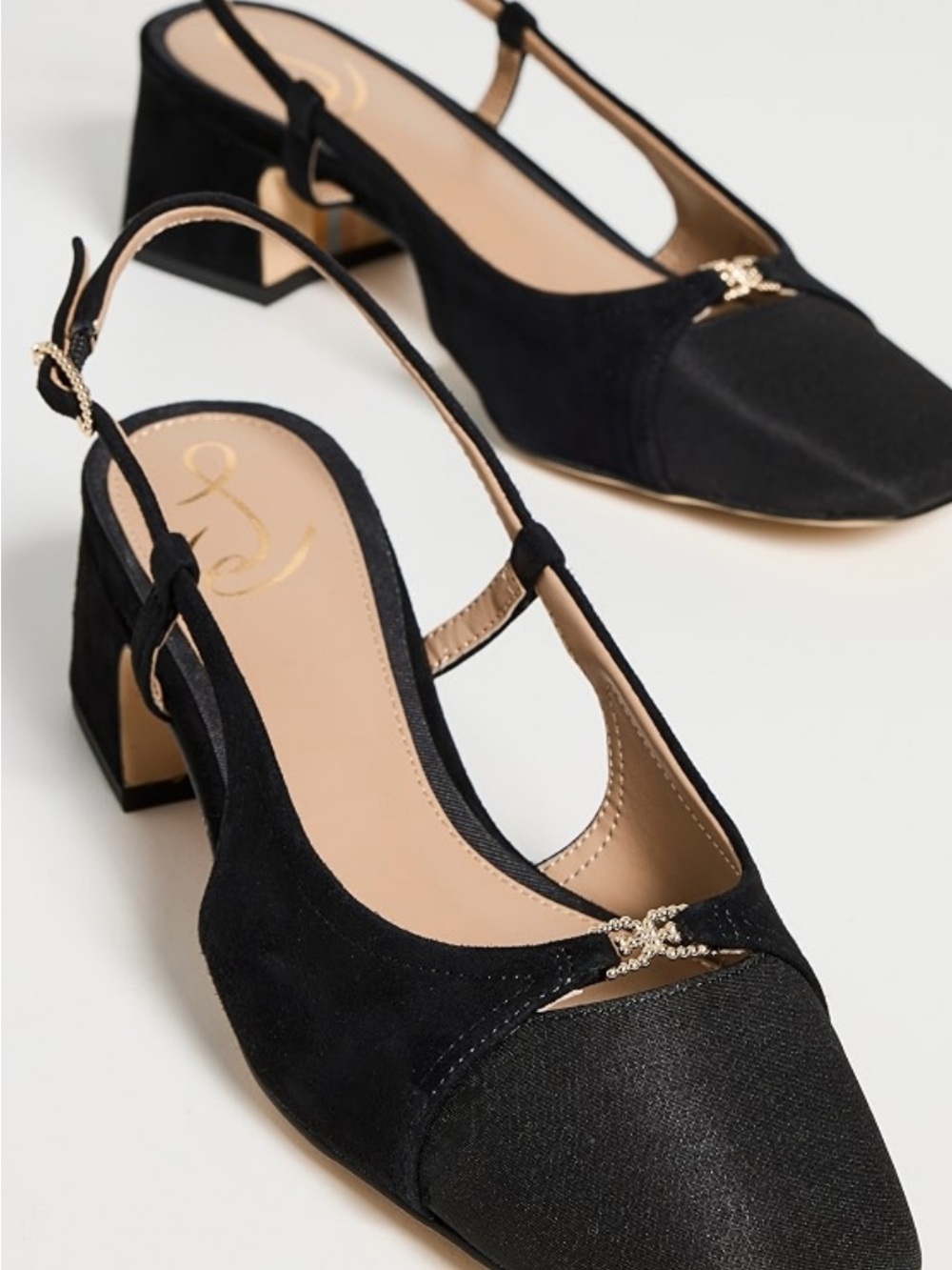 Black Slingback Block Heel Pumps with Gold Accent